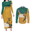 Personalised Australia Rugby Couples Matching Long Sleeve Bodycon Dress and Long Sleeve Button Shirt Wallabies Kangaroo Player Aboriginal Pattern