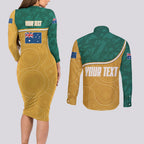 Personalised Australia Rugby Couples Matching Long Sleeve Bodycon Dress and Long Sleeve Button Shirt Wallabies Kangaroo Player Aboriginal Pattern