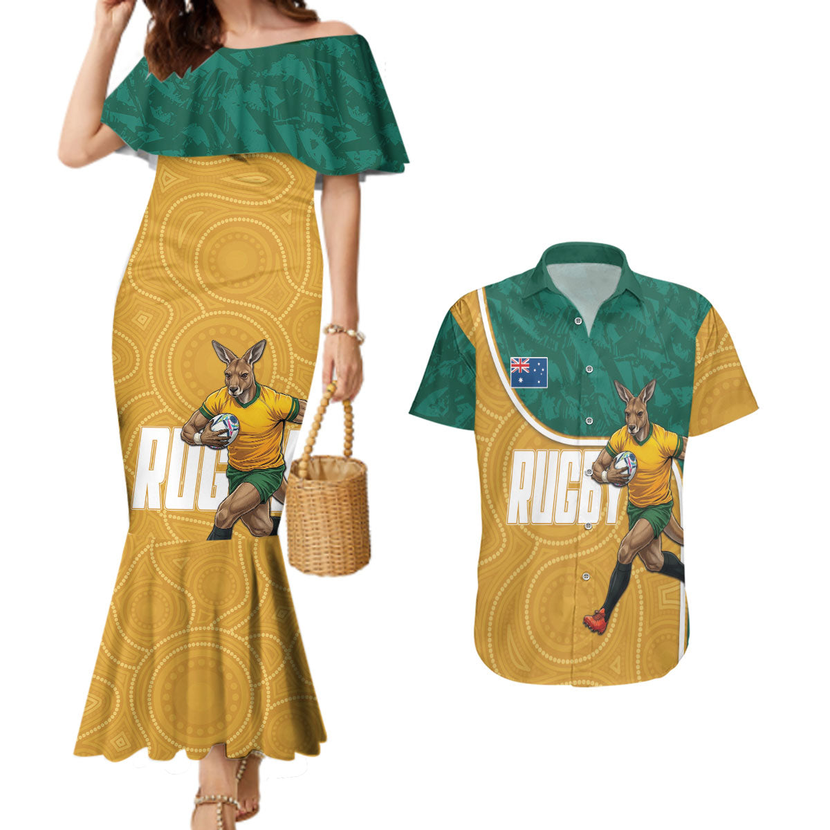 Personalised Australia Rugby Couples Matching Mermaid Dress and Hawaiian Shirt Wallabies Kangaroo Player Aboriginal Pattern