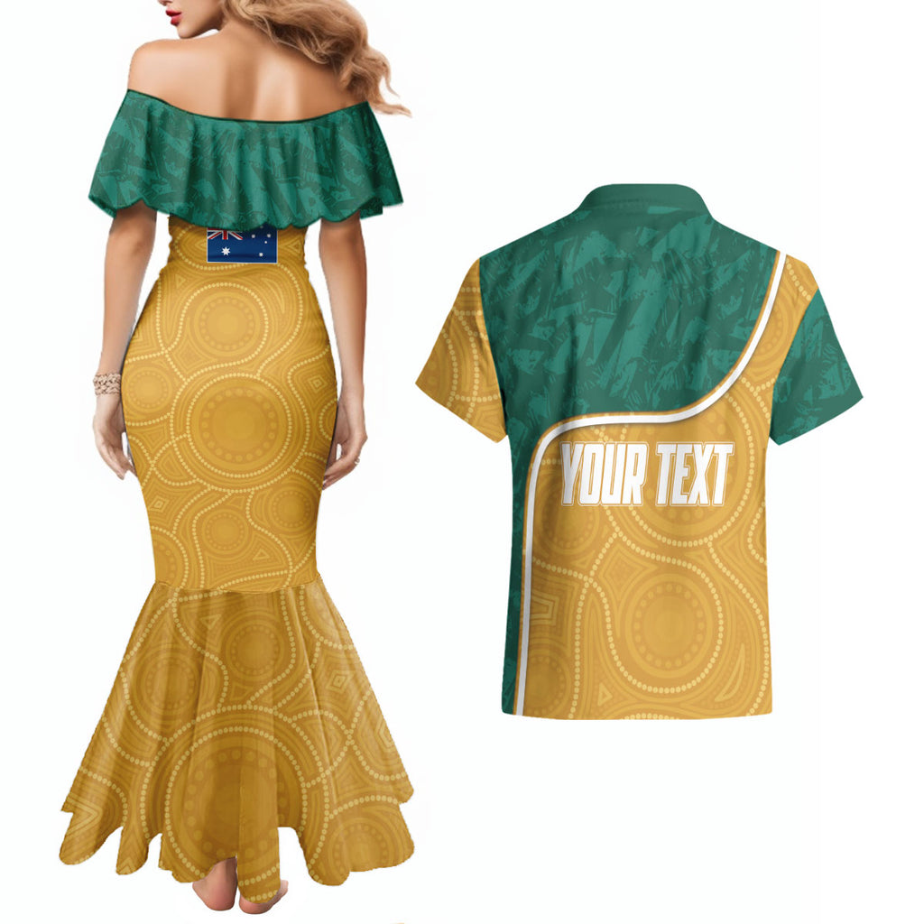Personalised Australia Rugby Couples Matching Mermaid Dress and Hawaiian Shirt Wallabies Kangaroo Player Aboriginal Pattern