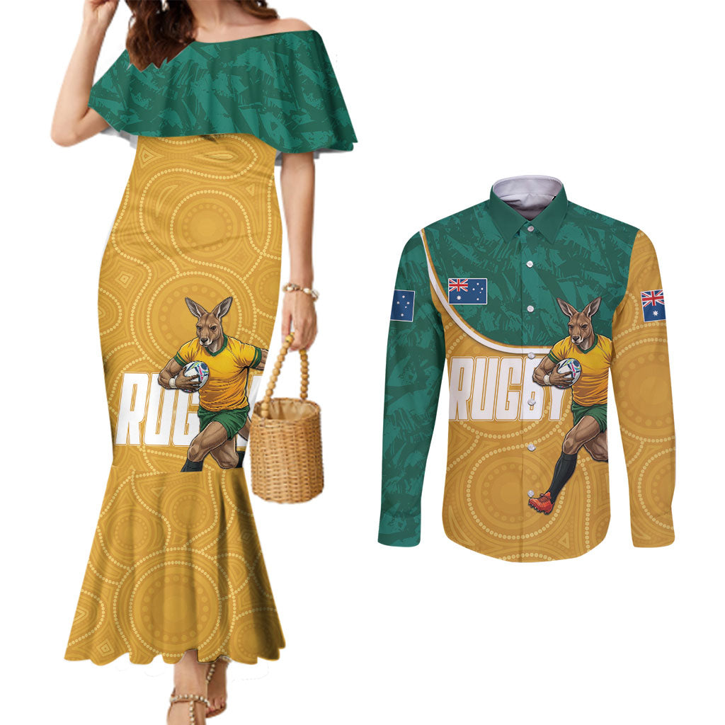 Personalised Australia Rugby Couples Matching Mermaid Dress and Long Sleeve Button Shirt Wallabies Kangaroo Player Aboriginal Pattern