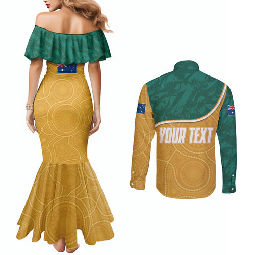 Personalised Australia Rugby Couples Matching Mermaid Dress and Long Sleeve Button Shirt Wallabies Kangaroo Player Aboriginal Pattern