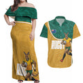 Personalised Australia Rugby Couples Matching Off Shoulder Maxi Dress and Hawaiian Shirt Wallabies Kangaroo Player Aboriginal Pattern