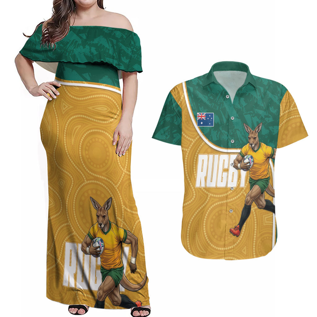 Personalised Australia Rugby Couples Matching Off Shoulder Maxi Dress and Hawaiian Shirt Wallabies Kangaroo Player Aboriginal Pattern