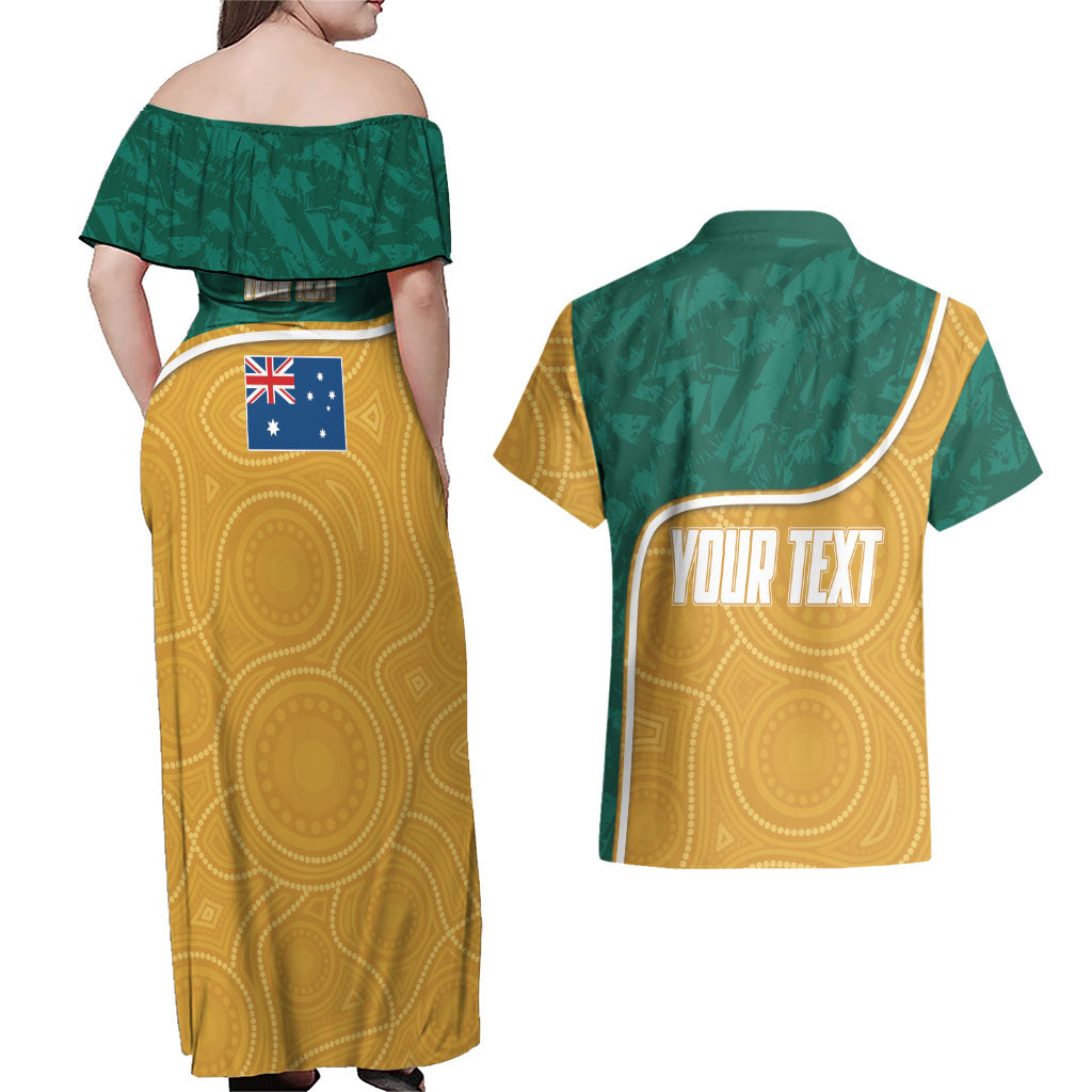 Personalised Australia Rugby Couples Matching Off Shoulder Maxi Dress and Hawaiian Shirt Wallabies Kangaroo Player Aboriginal Pattern