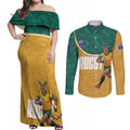 Personalised Australia Rugby Couples Matching Off Shoulder Maxi Dress and Long Sleeve Button Shirt Wallabies Kangaroo Player Aboriginal Pattern
