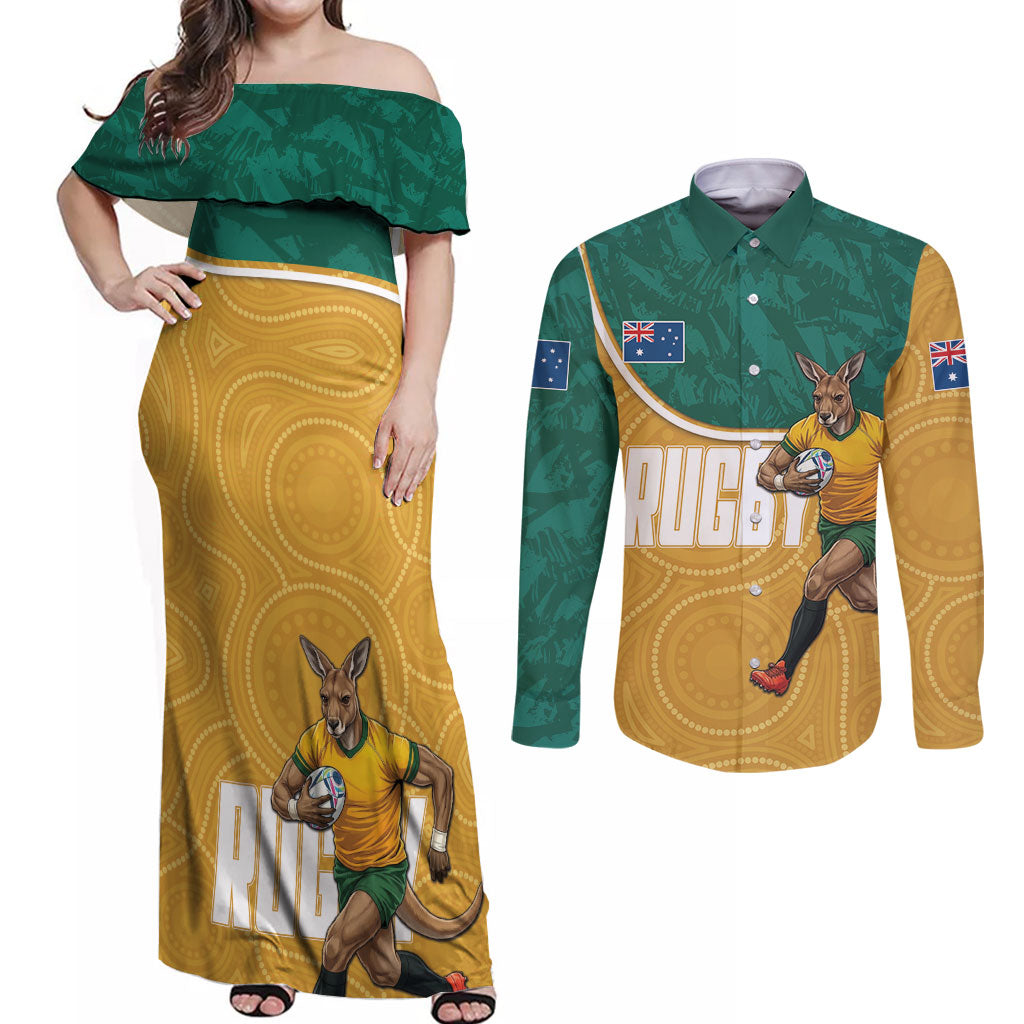 Personalised Australia Rugby Couples Matching Off Shoulder Maxi Dress and Long Sleeve Button Shirt Wallabies Kangaroo Player Aboriginal Pattern