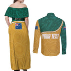 Personalised Australia Rugby Couples Matching Off Shoulder Maxi Dress and Long Sleeve Button Shirt Wallabies Kangaroo Player Aboriginal Pattern