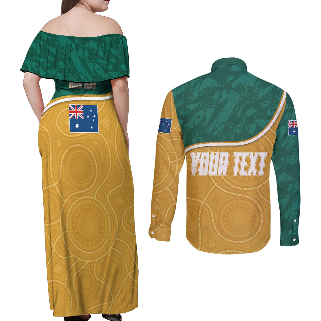 Personalised Australia Rugby Couples Matching Off Shoulder Maxi Dress and Long Sleeve Button Shirt Wallabies Kangaroo Player Aboriginal Pattern