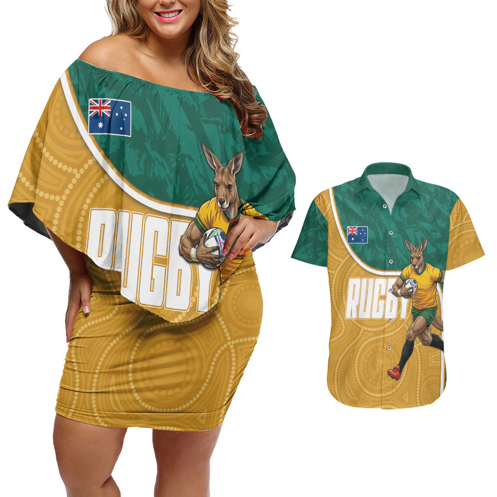 Personalised Australia Rugby Couples Matching Off Shoulder Short Dress and Hawaiian Shirt Wallabies Kangaroo Player Aboriginal Pattern