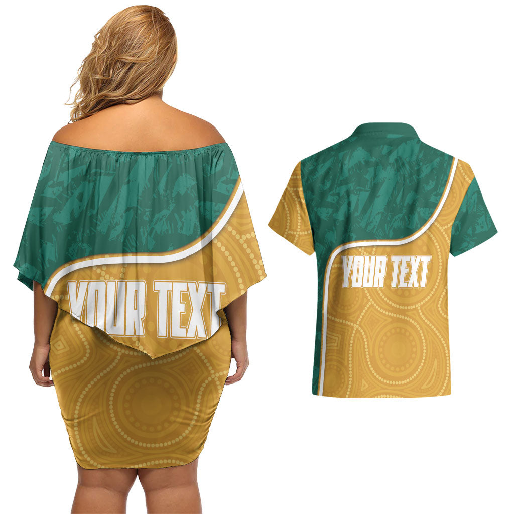 Personalised Australia Rugby Couples Matching Off Shoulder Short Dress and Hawaiian Shirt Wallabies Kangaroo Player Aboriginal Pattern