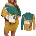 Personalised Australia Rugby Couples Matching Off Shoulder Short Dress and Long Sleeve Button Shirt Wallabies Kangaroo Player Aboriginal Pattern