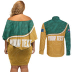 Personalised Australia Rugby Couples Matching Off Shoulder Short Dress and Long Sleeve Button Shirt Wallabies Kangaroo Player Aboriginal Pattern