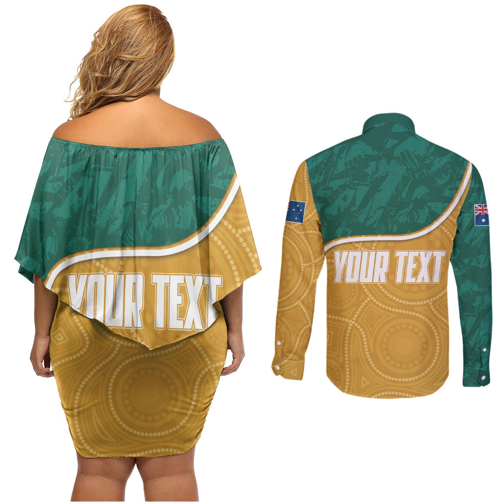 Personalised Australia Rugby Couples Matching Off Shoulder Short Dress and Long Sleeve Button Shirt Wallabies Kangaroo Player Aboriginal Pattern