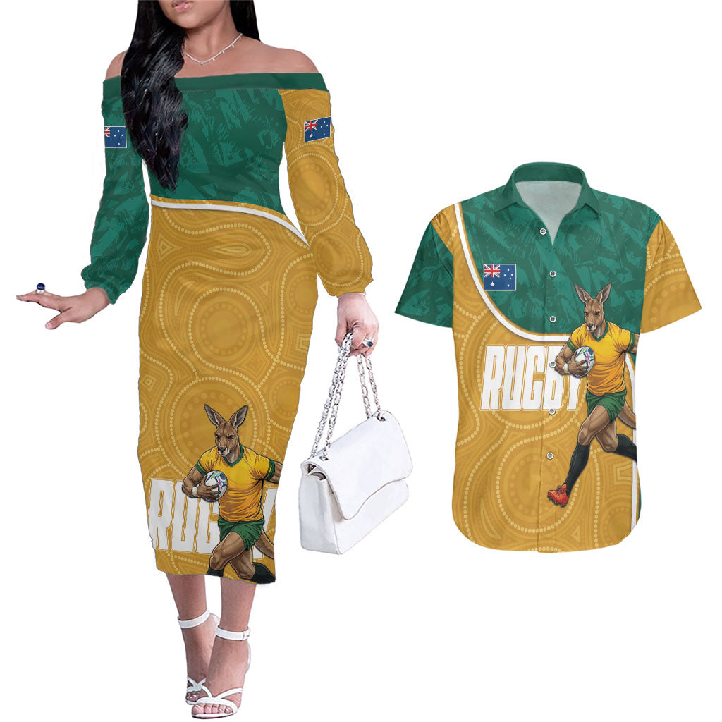 Personalised Australia Rugby Couples Matching Off The Shoulder Long Sleeve Dress and Hawaiian Shirt Wallabies Kangaroo Player Aboriginal Pattern