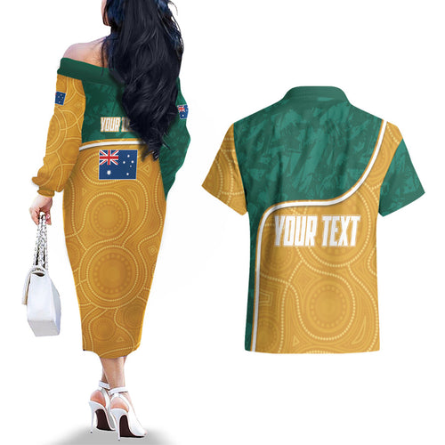 Personalised Australia Rugby Couples Matching Off The Shoulder Long Sleeve Dress and Hawaiian Shirt Wallabies Kangaroo Player Aboriginal Pattern