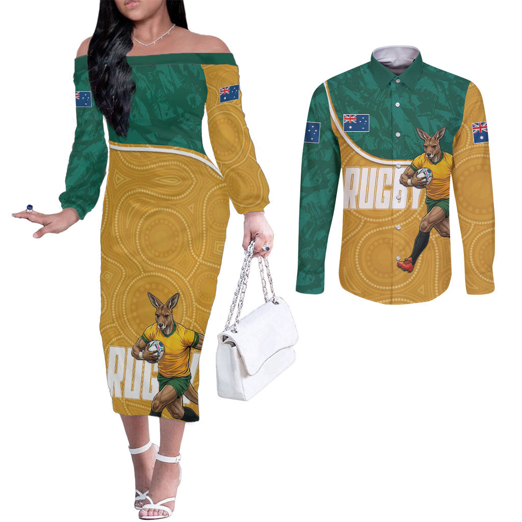 Personalised Australia Rugby Couples Matching Off The Shoulder Long Sleeve Dress and Long Sleeve Button Shirt Wallabies Kangaroo Player Aboriginal Pattern