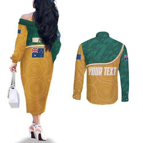 Personalised Australia Rugby Couples Matching Off The Shoulder Long Sleeve Dress and Long Sleeve Button Shirt Wallabies Kangaroo Player Aboriginal Pattern