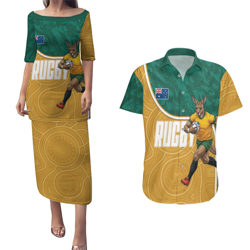 Personalised Australia Rugby Couples Matching Puletasi and Hawaiian Shirt Wallabies Kangaroo Player Aboriginal Pattern