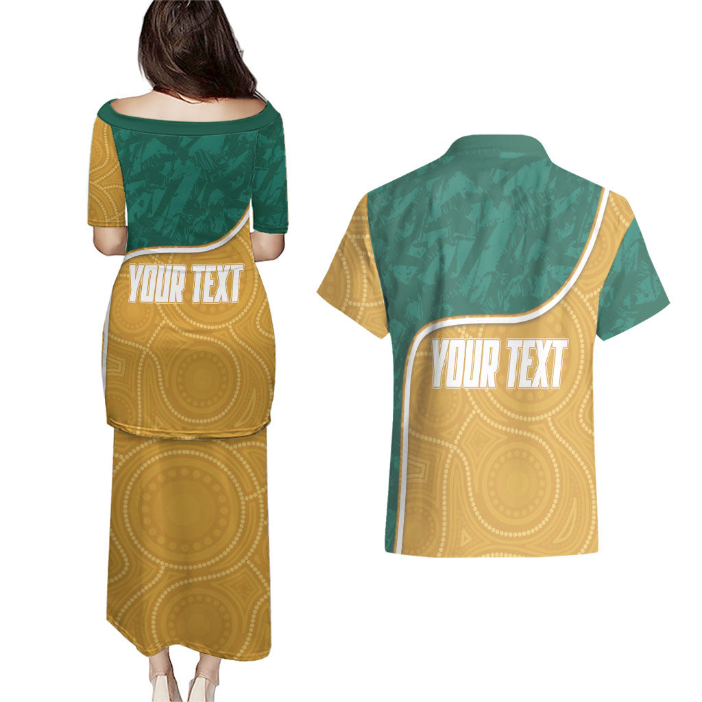 Personalised Australia Rugby Couples Matching Puletasi and Hawaiian Shirt Wallabies Kangaroo Player Aboriginal Pattern