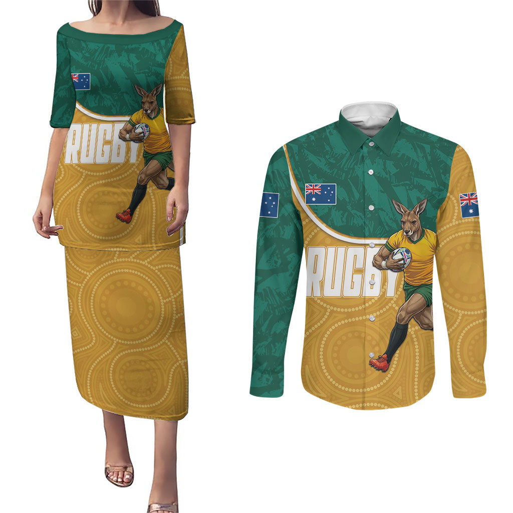 Personalised Australia Rugby Couples Matching Puletasi and Long Sleeve Button Shirt Wallabies Kangaroo Player Aboriginal Pattern