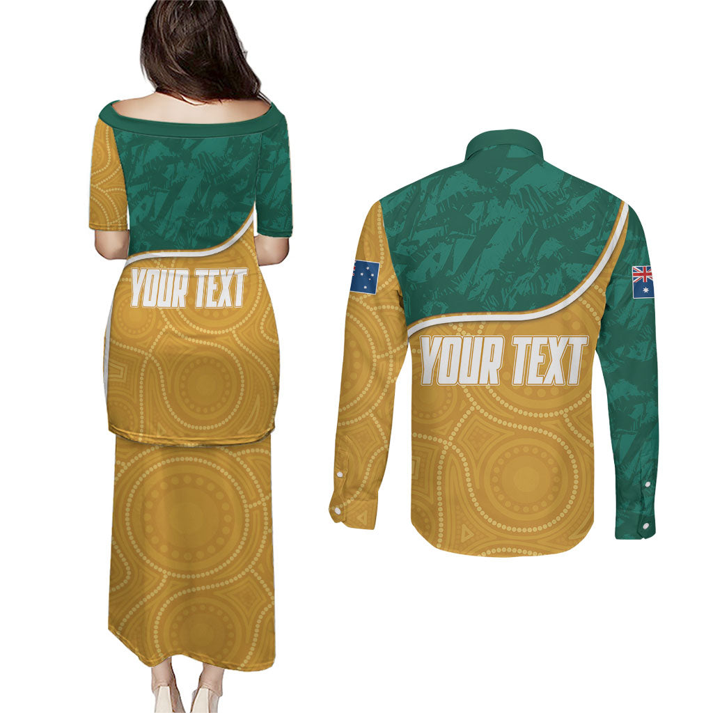 Personalised Australia Rugby Couples Matching Puletasi and Long Sleeve Button Shirt Wallabies Kangaroo Player Aboriginal Pattern