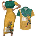 Personalised Australia Rugby Couples Matching Short Sleeve Bodycon Dress and Hawaiian Shirt Wallabies Kangaroo Player Aboriginal Pattern