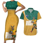 Personalised Australia Rugby Couples Matching Short Sleeve Bodycon Dress and Hawaiian Shirt Wallabies Kangaroo Player Aboriginal Pattern