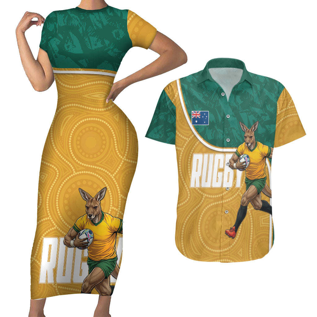 Personalised Australia Rugby Couples Matching Short Sleeve Bodycon Dress and Hawaiian Shirt Wallabies Kangaroo Player Aboriginal Pattern
