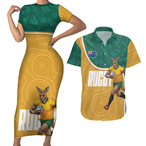 Personalised Australia Rugby Couples Matching Short Sleeve Bodycon Dress and Hawaiian Shirt Wallabies Kangaroo Player Aboriginal Pattern
