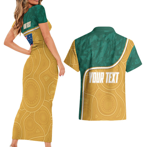 Personalised Australia Rugby Couples Matching Short Sleeve Bodycon Dress and Hawaiian Shirt Wallabies Kangaroo Player Aboriginal Pattern