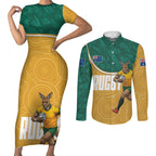 Personalised Australia Rugby Couples Matching Short Sleeve Bodycon Dress and Long Sleeve Button Shirt Wallabies Kangaroo Player Aboriginal Pattern