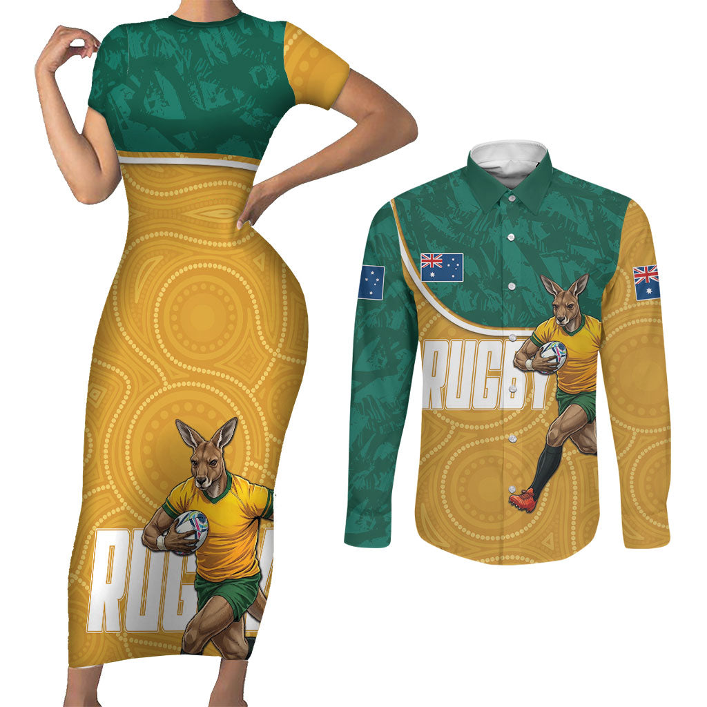 Personalised Australia Rugby Couples Matching Short Sleeve Bodycon Dress and Long Sleeve Button Shirt Wallabies Kangaroo Player Aboriginal Pattern