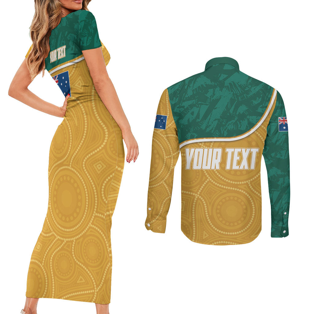 Personalised Australia Rugby Couples Matching Short Sleeve Bodycon Dress and Long Sleeve Button Shirt Wallabies Kangaroo Player Aboriginal Pattern