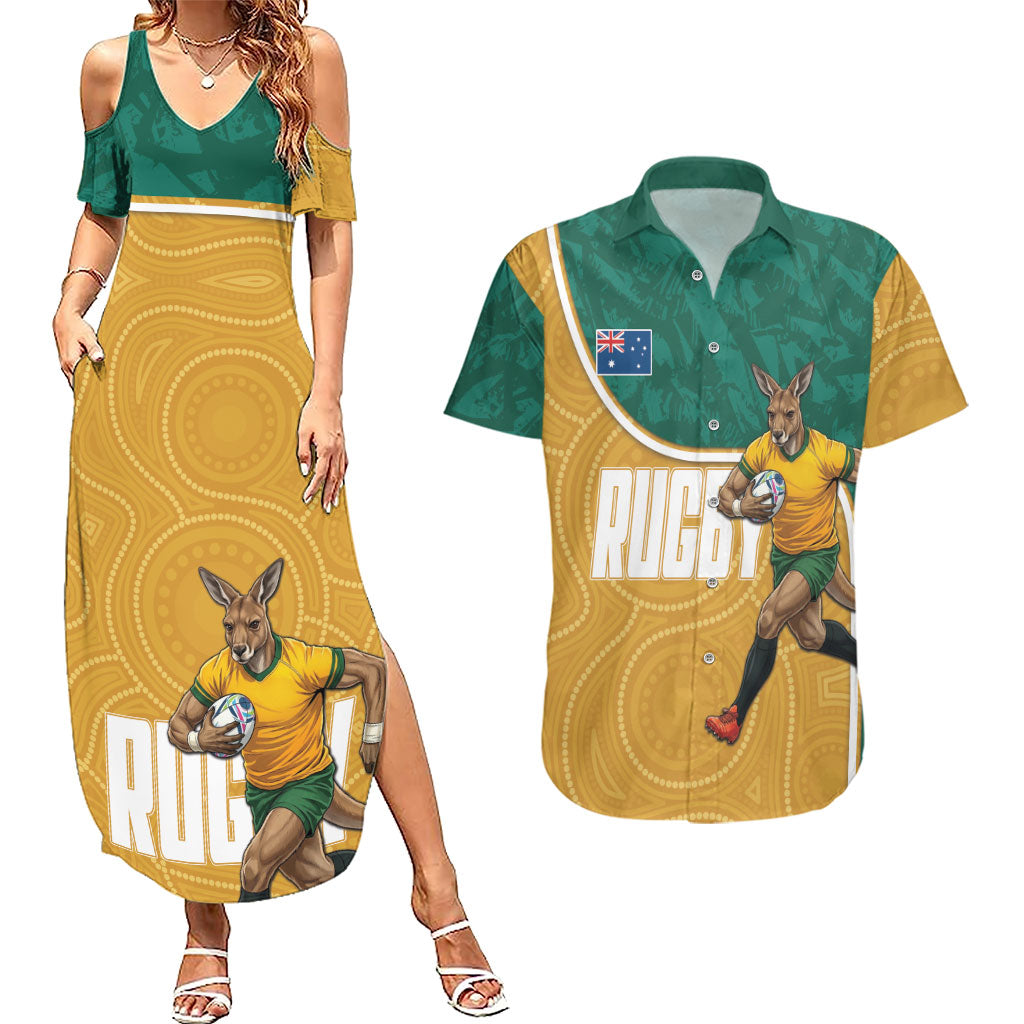 Personalised Australia Rugby Couples Matching Summer Maxi Dress and Hawaiian Shirt Wallabies Kangaroo Player Aboriginal Pattern