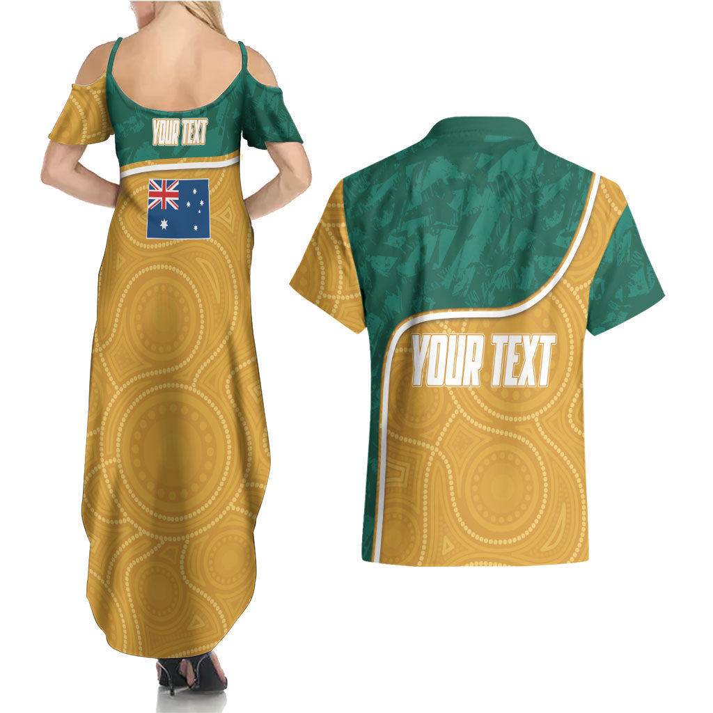 Personalised Australia Rugby Couples Matching Summer Maxi Dress and Hawaiian Shirt Wallabies Kangaroo Player Aboriginal Pattern