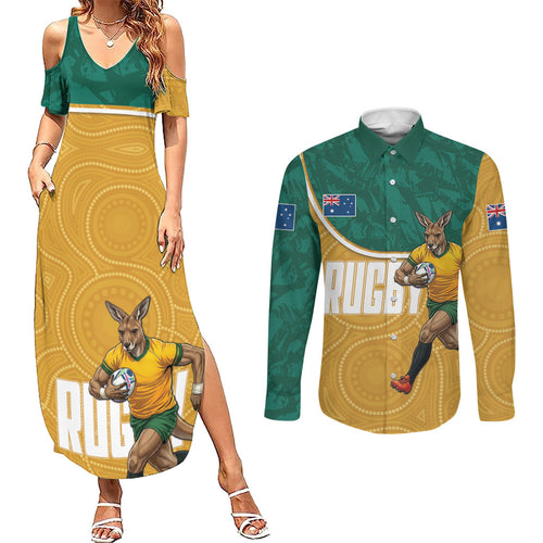 Personalised Australia Rugby Couples Matching Summer Maxi Dress and Long Sleeve Button Shirt Wallabies Kangaroo Player Aboriginal Pattern
