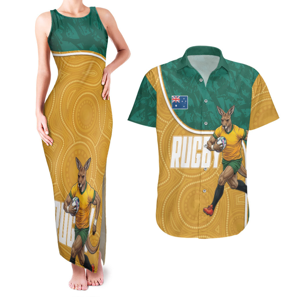 Personalised Australia Rugby Couples Matching Tank Maxi Dress and Hawaiian Shirt Wallabies Kangaroo Player Aboriginal Pattern
