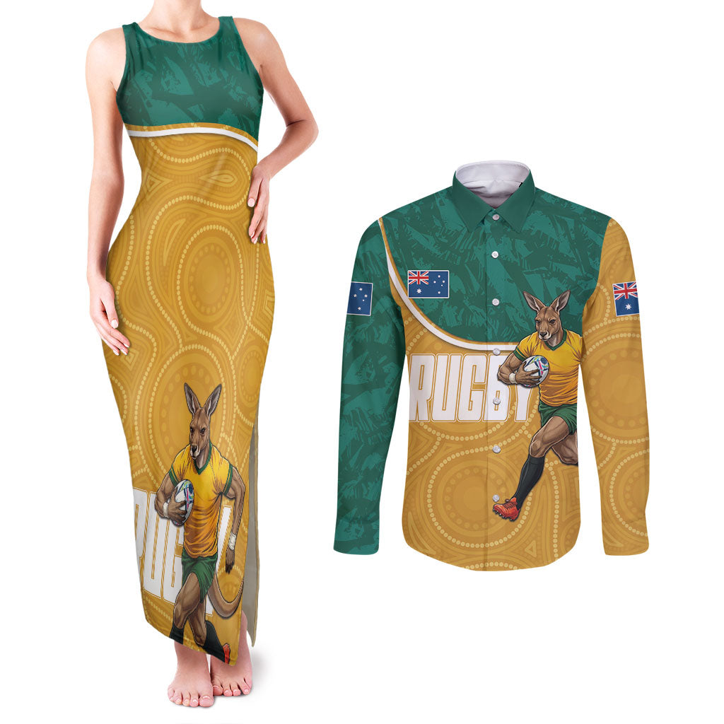 Personalised Australia Rugby Couples Matching Tank Maxi Dress and Long Sleeve Button Shirt Wallabies Kangaroo Player Aboriginal Pattern