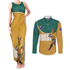 Personalised Australia Rugby Couples Matching Tank Maxi Dress and Long Sleeve Button Shirt Wallabies Kangaroo Player Aboriginal Pattern