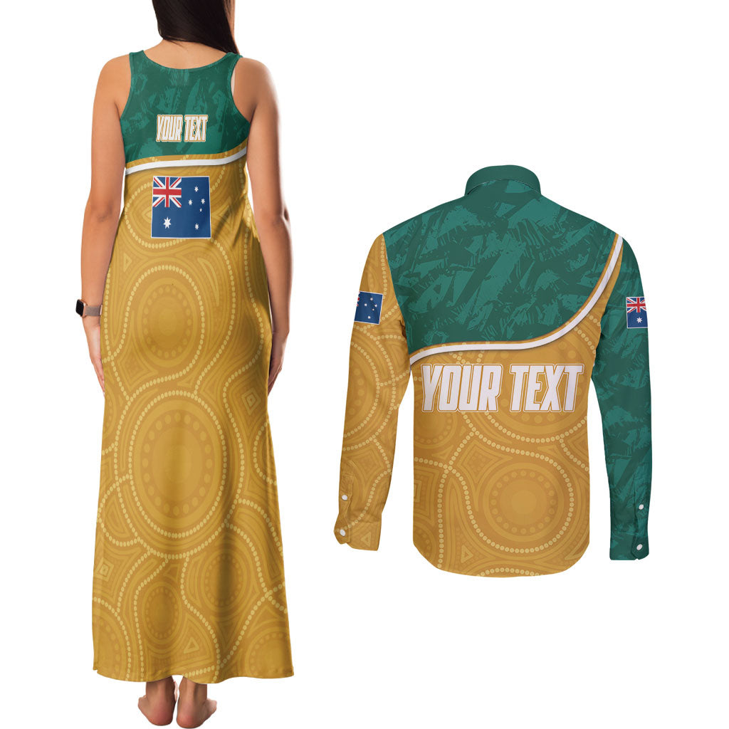 Personalised Australia Rugby Couples Matching Tank Maxi Dress and Long Sleeve Button Shirt Wallabies Kangaroo Player Aboriginal Pattern