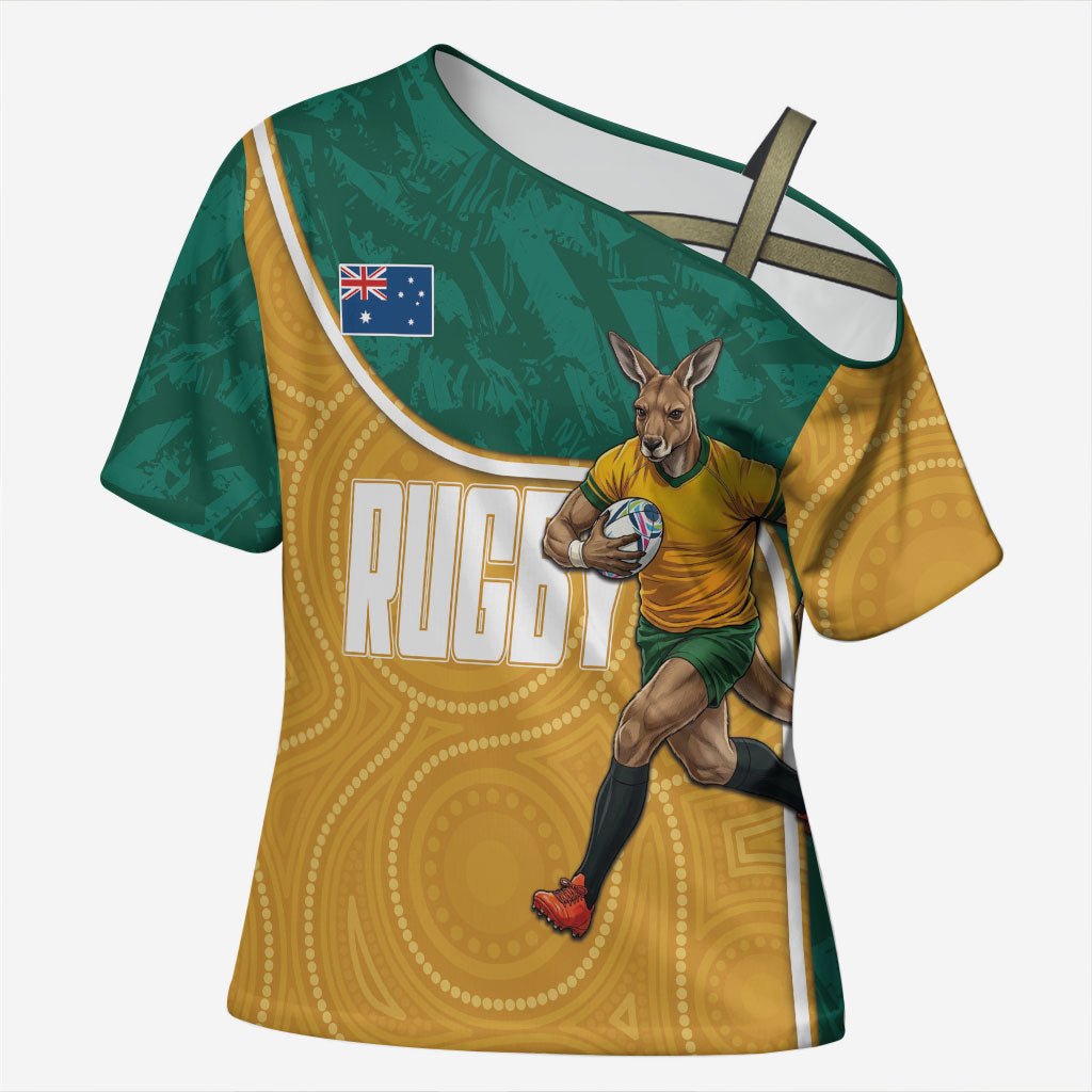 Personalised Australia Rugby Cross Shoulder Shirt Wallabies Kangaroo Player Aboriginal Pattern