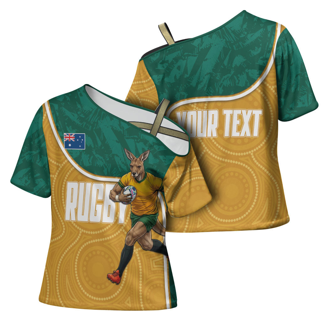 Personalised Australia Rugby Cross Shoulder Shirt Wallabies Kangaroo Player Aboriginal Pattern