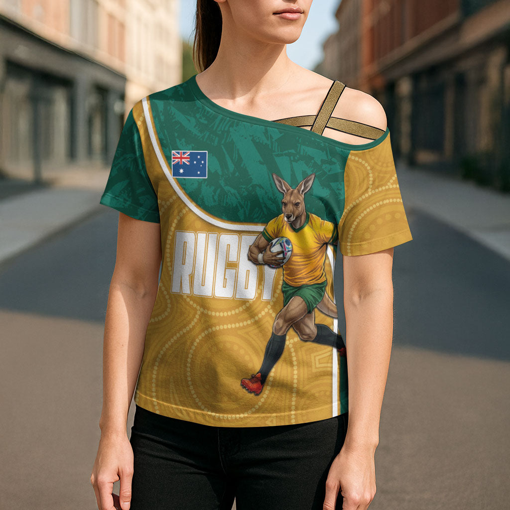 Personalised Australia Rugby Cross Shoulder Shirt Wallabies Kangaroo Player Aboriginal Pattern