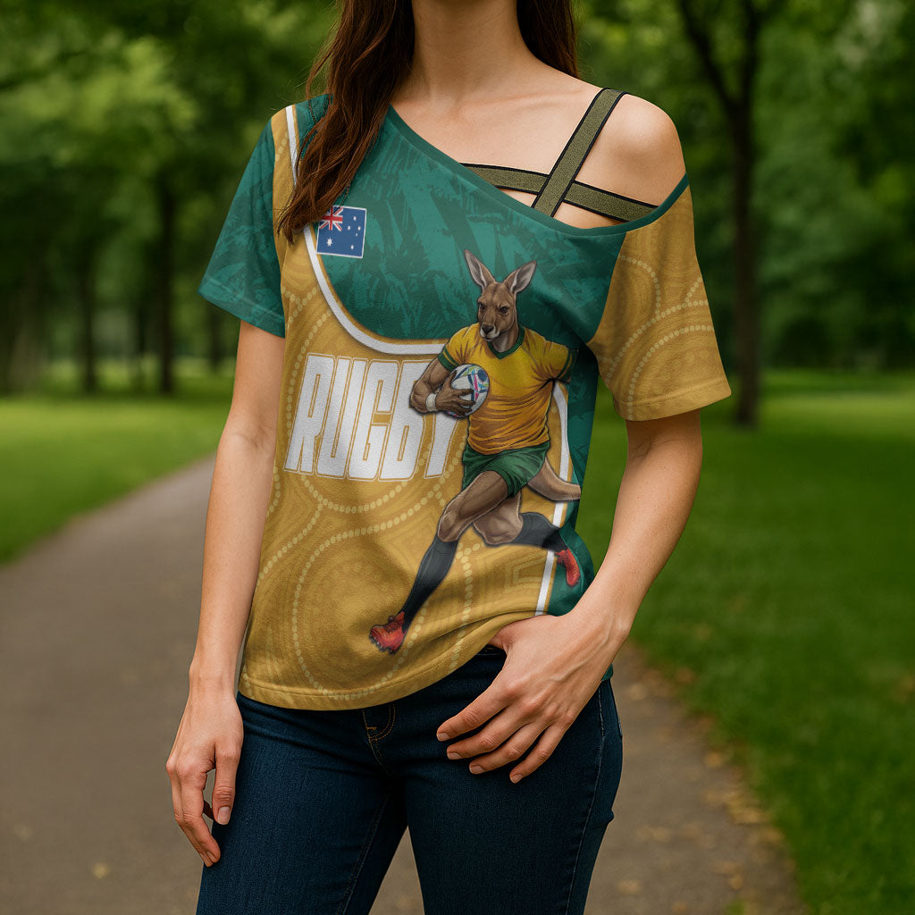 Personalised Australia Rugby Cross Shoulder Shirt Wallabies Kangaroo Player Aboriginal Pattern
