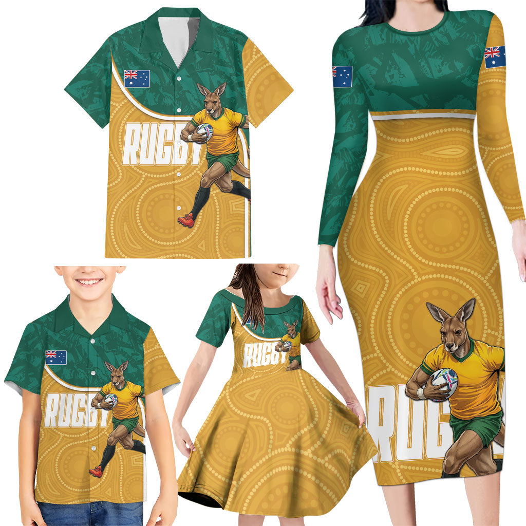 Personalised Australia Rugby Family Matching Long Sleeve Bodycon Dress and Hawaiian Shirt Wallabies Kangaroo Player Aboriginal Pattern