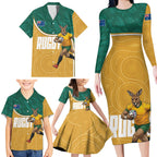 Personalised Australia Rugby Family Matching Long Sleeve Bodycon Dress and Hawaiian Shirt Wallabies Kangaroo Player Aboriginal Pattern