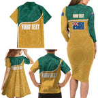 Personalised Australia Rugby Family Matching Long Sleeve Bodycon Dress and Hawaiian Shirt Wallabies Kangaroo Player Aboriginal Pattern