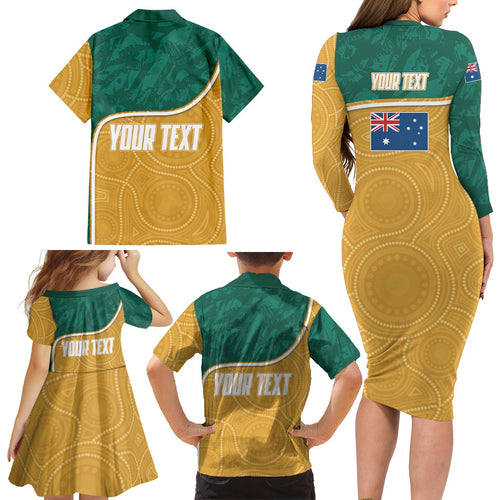 Personalised Australia Rugby Family Matching Long Sleeve Bodycon Dress and Hawaiian Shirt Wallabies Kangaroo Player Aboriginal Pattern