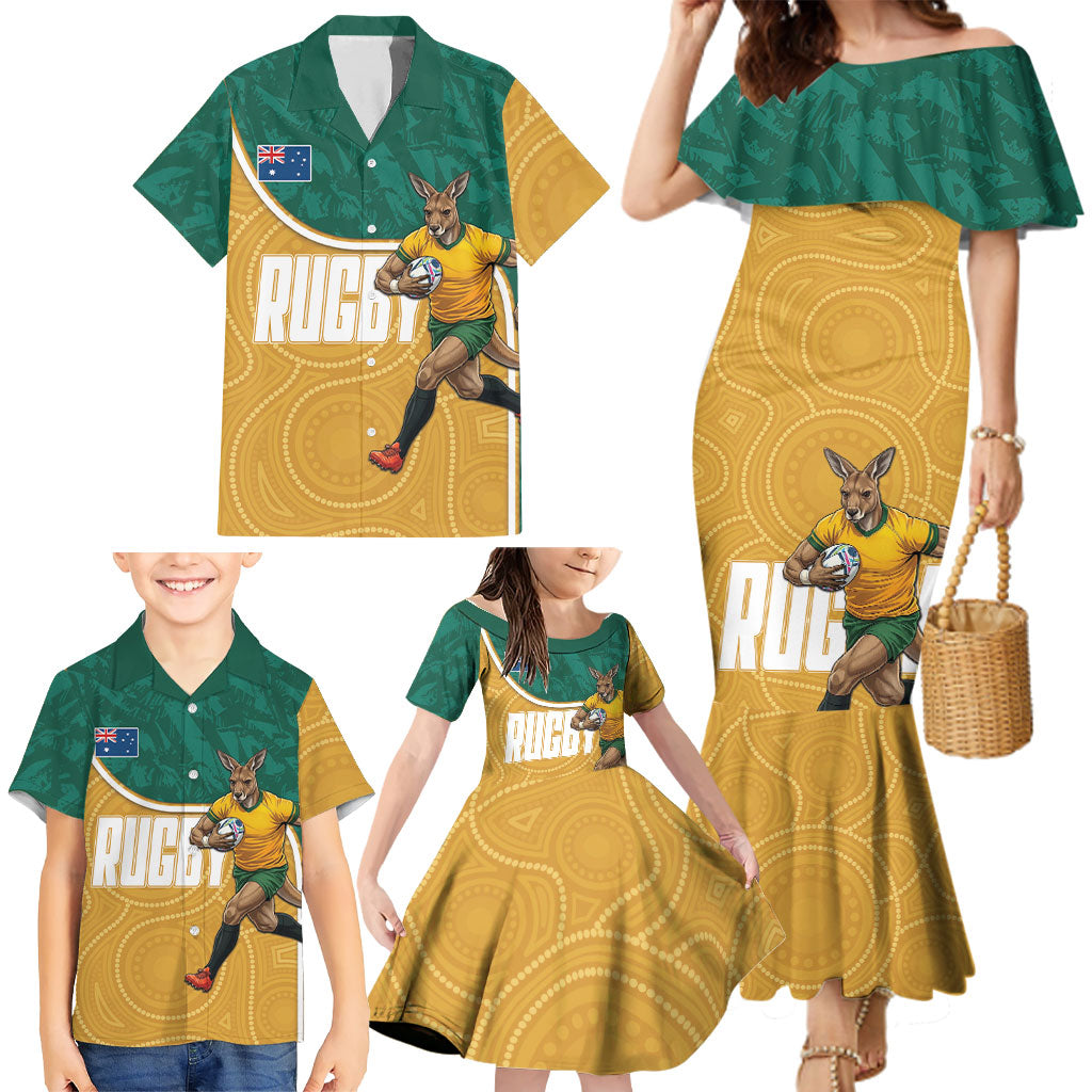 Personalised Australia Rugby Family Matching Mermaid Dress and Hawaiian Shirt Wallabies Kangaroo Player Aboriginal Pattern